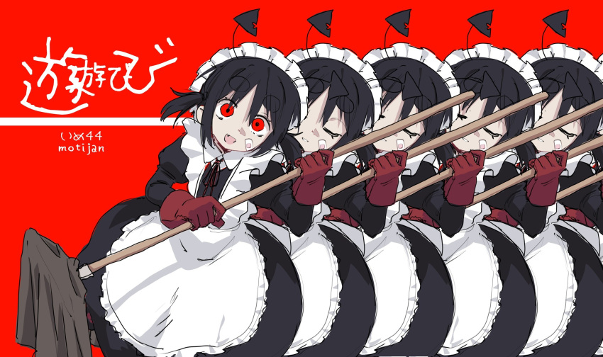 1girl :d antennae apron bandaid bandaid_on_cheek bandaid_on_face black_dress black_hair closed_eyes cowboy_shot dress fang gloves highres holding holding_mop jean_bomjan looking_at_viewer maid maid_apron maid_headdress mop multiple_views neck_ribbon open_mouth original rectangle red_background red_eyes red_gloves red_ribbon ribbon sidelocks simple_background sketch smile thick_eyebrows twintails