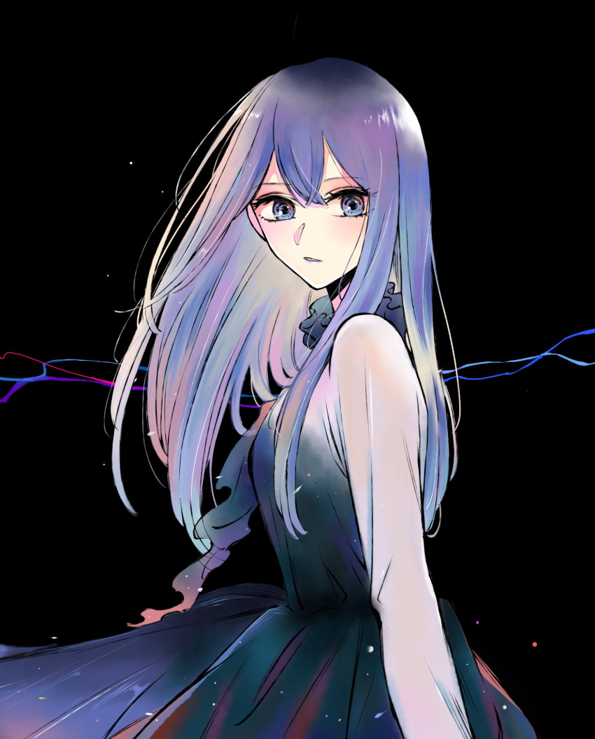 1girl black_background blue_dress blue_eyes blue_hair breasts double-parted_bangs dress english_commentary floating_hair frilled_shirt_collar frills from_side gradient_hair highres kurokawa_akane long_hair long_sleeves looking_at_viewer looking_to_the_side multicolored_hair nara_(menosora) oshi_no_ko parted_lips sidelocks solo upper_body