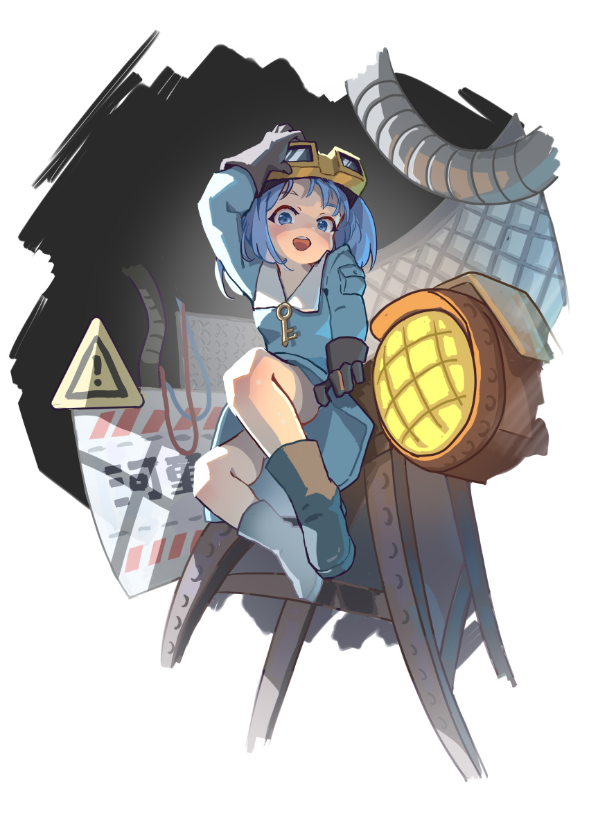 1girl absurdres blue_eyes blue_footwear blue_hair blue_shirt blue_skirt boots collared_shirt frilled_shirt_collar frills goggles highres jewelry kawashiro_nitori key key_necklace knee_boots long_sleeves medium_hair necklace open_mouth pocket puffy_sleeves rangque_(user_vjjs4748) rubber_boots shirt short_twintails simple_background skirt skirt_set solo touhou twintails two_side_up white_background