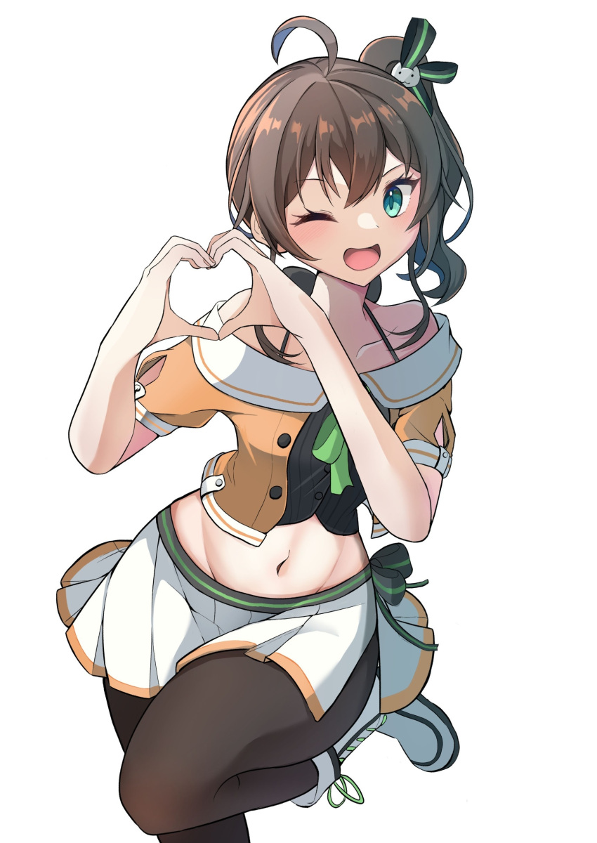 1girl ;d absurdres ahoge ankle_boots aqua_eyes black_camisole black_pantyhose boots bow bow_skirt brown_hair camisole crop_top cross-laced_footwear flat_chest green_bow green_ribbon halterneck hands_up heart heart_hands high_ponytail highres hololive jacket kimura_mitsuki knee_up lace-up_boots leg_up legs_folded looking_at_viewer midriff miniskirt natsuiro_matsuri natsuiro_matsuri_(1st_costume) navel neck_ribbon off-shoulder_jacket off_shoulder one_eye_closed open_clothes open_jacket open_mouth orange_jacket pantyhose pleated_skirt ribbon short_sleeved_jacket side_ponytail side_slit simple_background skirt smile solo spaghetti_strap standing standing_on_one_leg striped striped_bow virtual_youtuber wavy_hair white_background white_footwear white_skirt
