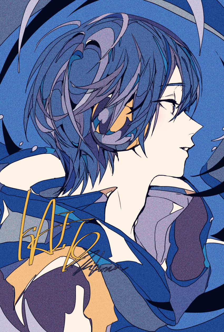 1boy 3kuma blue_background blue_eyes blue_hair blue_scarf character_name commentary_request film_grain grey_shirt half-closed_eyes headphones high_collar highres kaito_(vocaloid) looking_to_the_side male_focus parted_lips profile scarf shirt signature simple_background solo upper_body vocaloid