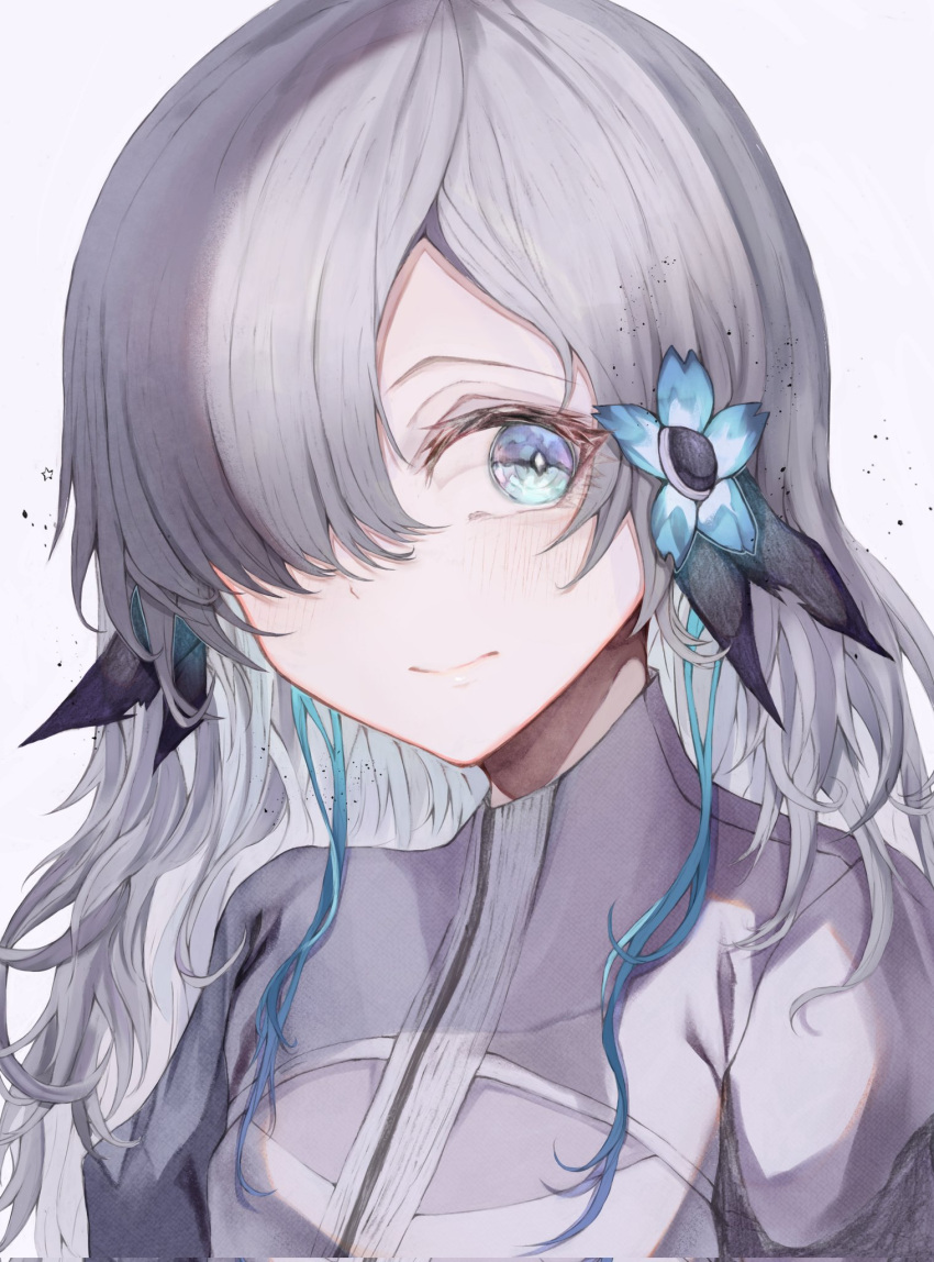1girl blue_eyes blue_flower blue_hair close-up dress flower grey_dress grey_hair hair_flower hair_ornament hair_over_one_eye highres isekai_joucho kamitsubaki_studio long_hair looking_to_the_side mizumeron multicolored_hair simple_background solo two-tone_hair virtual_youtuber white_background