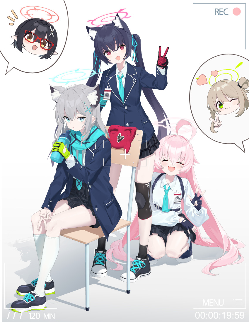 2t_(vmyz7342) 5girls :d absurdres ahoge animal_ear_fluff animal_ear_headwear animal_ears ankle_socks aqua_necktie aqua_ribbon aqua_scarf armband ayane_(blue_archive) badge balaclava black_gloves black_hair black_skirt black_socks blazer blonde_hair blue_archive blue_eyes blue_footwear blue_halo blue_jacket blush bottle brown_eyes cat_ears chair chibi chibi_inset closed_eyes closed_mouth collared_shirt cross_hair_ornament crossed_bangs disembodied_limb extra_ears fang glasses gloves green_eyes green_gloves green_halo grey_hair hair_between_eyes hair_bun hair_ornament hair_ribbon halo heart highres holding holding_bottle hoshino_(blue_archive) jacket knee_pads kneehighs long_hair long_sleeves looking_at_viewer medium_hair mismatched_pupils multicolored_clothes multicolored_gloves multiple_girls necktie nonomi_(blue_archive) one_eye_closed open_clothes open_jacket open_mouth pink_hair pink_halo plaid plaid_skirt pleated_skirt pointy_ears red-framed_eyewear red_eyes red_gloves red_halo ribbon scarf school_chair school_uniform serika_(blue_archive) shadow shiroko_(blue_archive) shirt shoes short_hair sidelocks simple_background single_knee_pad sitting skirt smile socks spoken_character squatting standing thighs twintails v very_long_hair white_background white_shirt white_socks wing_collar wolf_ears