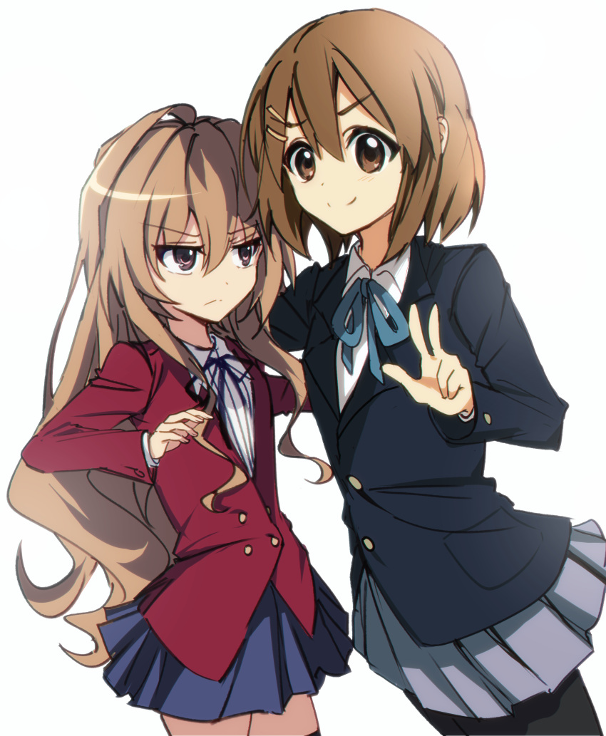 2girls absurdres aisaka_taiga annoyed arm_behind_back arm_on_another's_shoulder black_pantyhose black_ribbon black_thighhighs blazer blue_jacket blue_ribbon blue_skirt brown_eyes brown_hair buttons closed_mouth collared_shirt commentary_request cowboy_shot double-breasted grey_skirt hair_between_eyes hair_ornament hairclip highres hirasawa_yui jacket k-on! long_hair long_sleeves looking_at_another looking_at_viewer multiple_girls neck_ribbon onmoynn oohashi_high_school_uniform pantyhose pleated_skirt red_jacket ribbon sakuragaoka_high_school_uniform school_uniform shirt short_hair simple_background skirt smile thigh-highs toradora! w white_background white_shirt