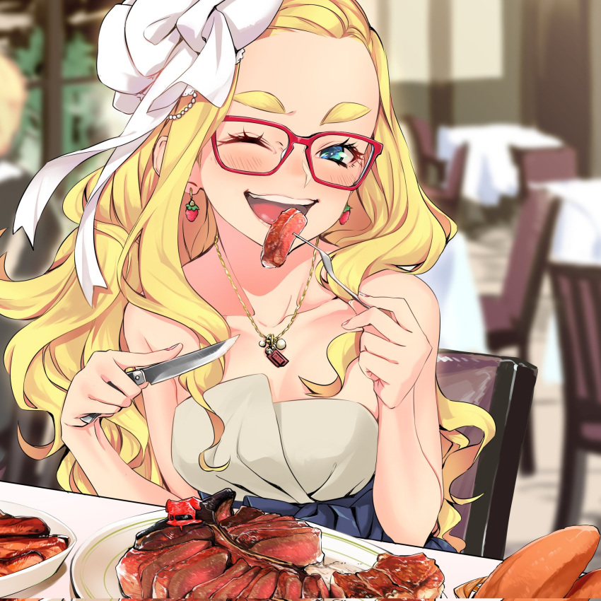 1girl bare_shoulders blonde_hair blush bow commentary_request dekomegane dress earrings eating food food-themed_earrings forehead fork grey_dress hair_bow highres holding holding_fork holding_knife indoors jewelry knife long_hair looking_at_viewer necklace one_eye_closed open_mouth original restaurant sasetsu sitting smile solo steak strapless strapless_dress strawberry_earrings thick_eyebrows