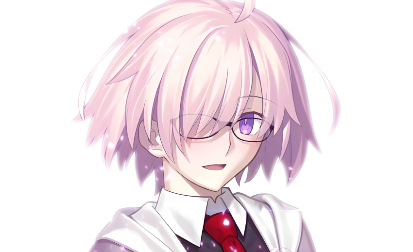 1girl absurdres fate/grand_order fate_(series) game_cg glasses highres hood hoodie mash_kyrielight necktie official_art pink_hair short_hair smile solo takeuchi_takashi violet_eyes