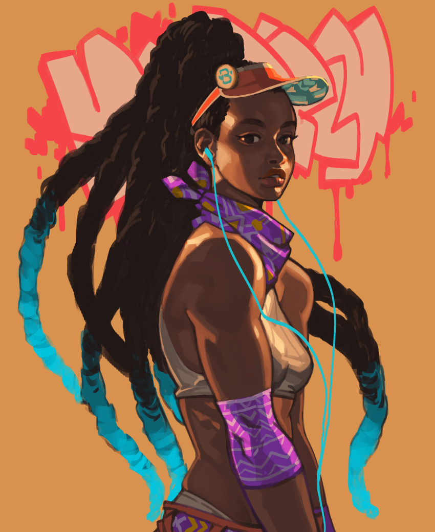 1girl aqua_hair black_hair breasts cable colored_tips commentary cromwaits dark-skinned_female dark_skin dreadlocks earphones earphones elbow_pads english_commentary graffiti highres kimberly_jackson long_hair looking_at_viewer midriff multicolored_hair neckerchief nose official_alternate_costume official_alternate_hairstyle purple_neckerchief small_breasts solo sports_bra street_fighter street_fighter_6 thick_eyebrows thick_lips toned very_dark_skin visor_cap white_sports_bra