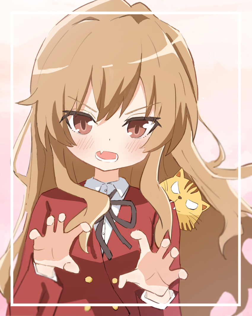 1girl absurdres aisaka_taiga black_ribbon blazer blush brown_eyes brown_hair buttons collared_shirt commentary double-breasted fang gradient_background hair_between_eyes hands_up highres inset_border jacket kise long_hair long_sleeves looking_at_viewer neck_ribbon open_mouth palmtop_tiger paw_pose pink_background red_jacket ribbon shirt skin_fang toradora! upper_body white_shirt