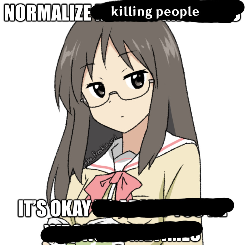 1girl artist_name closed_mouth commentary english_text expressionless glasses grey_eyes grey_hair highres impact_(font) long_hair looking_at_viewer meme minakami_mai nichijou normalize_x_(meme) sailor_collar school_uniform simple_background solo the_freakin_yui tokisadame_school_uniform upper_body watermark white_background white_sailor_collar