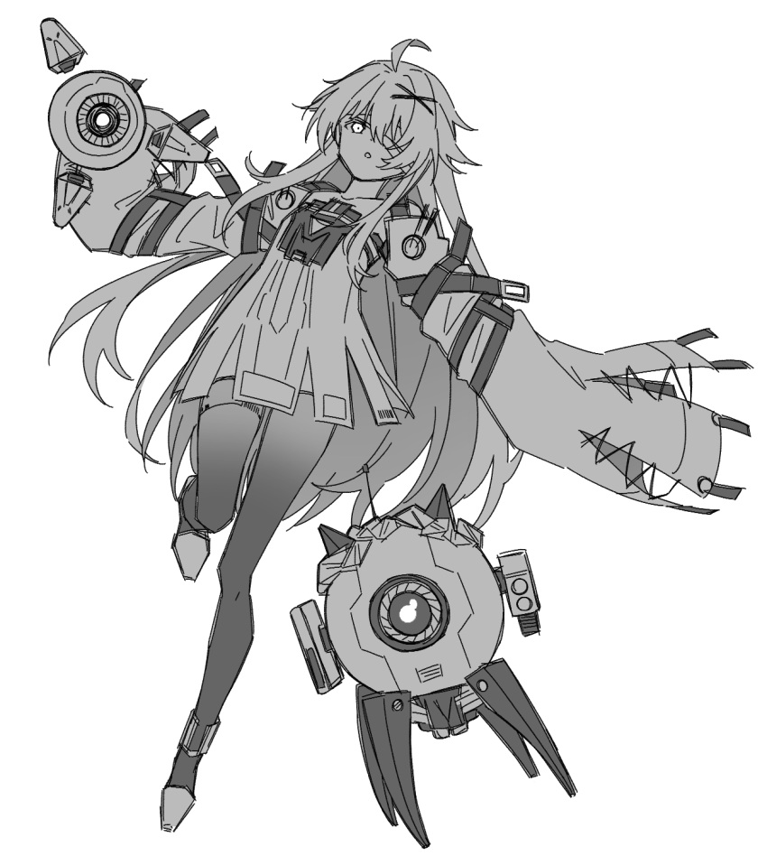ahoge bandage_over_one_eye detached_sleeves dress drone grey_theme greyscale hair_ornament highres monochrome no.21's_buddy_(punishing:_gray_raven) no.21:_xxi_(punishing:_gray_raven) no.21_(punishing:_gray_raven) non-humanoid_robot one-eyed open_mouth punishing:_gray_raven robot sleeves_past_fingers sleeves_past_wrists tro_vo0723 unkempt white_background x_hair_ornament