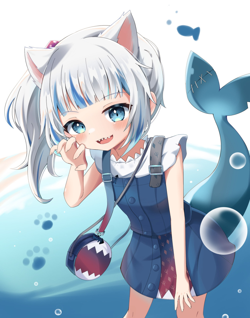 1girl absurdres animal_ears blue_eyes blue_hair fins fish_tail gawr_gura hair_ornament highres hololive hololive_english multicolored_hair open_mouth sharp_teeth side_ponytail snmdx streaked_hair tail teeth virtual_youtuber white_hair