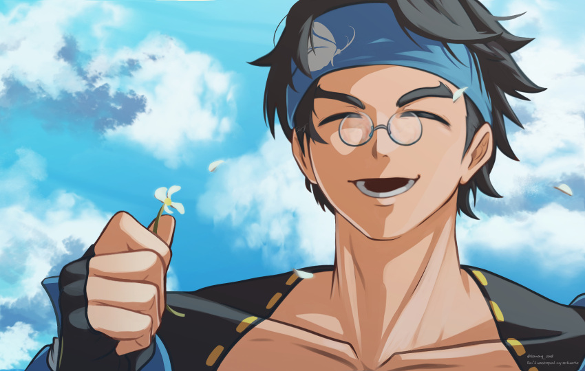 1boy black_hair blue_headband clouds cloudy_sky collarbone day fingerless_gloves flower gamang_sae8 gloves guilty_gear guilty_gear_strive headband highres holding holding_flower looking_at_viewer male_focus mito_anji open_mouth outdoors petals pince-nez short_hair sky smile upper_body white_flower