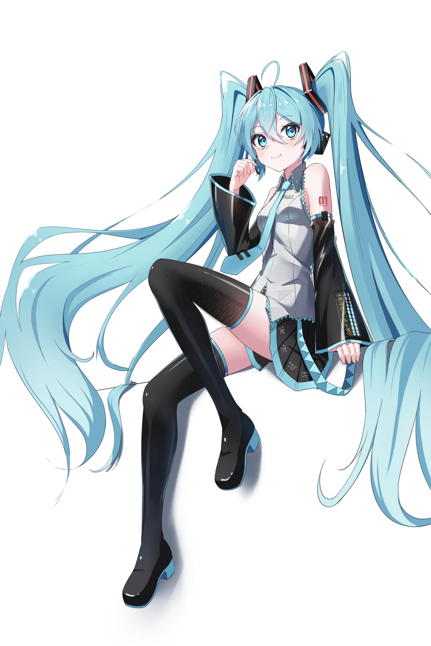 1girl absurdres ahoge arm_tattoo black_footwear black_skirt black_sleeves blue_eyes blue_hair blue_necktie blue_trim boots breasts collared_shirt detached_sleeves floating_hair full_body grey_shirt hair_between_eyes hair_ornament hatsune_miku headphones headset highres long_hair long_sleeves microphone miniskirt necktie number_tattoo pleated_skirt procrastinator39 shirt simple_background sitting skirt sleeveless sleeveless_shirt small_breasts solo tattoo thigh_boots twintails very_long_hair vocaloid white_background wing_collar zettai_ryouiki