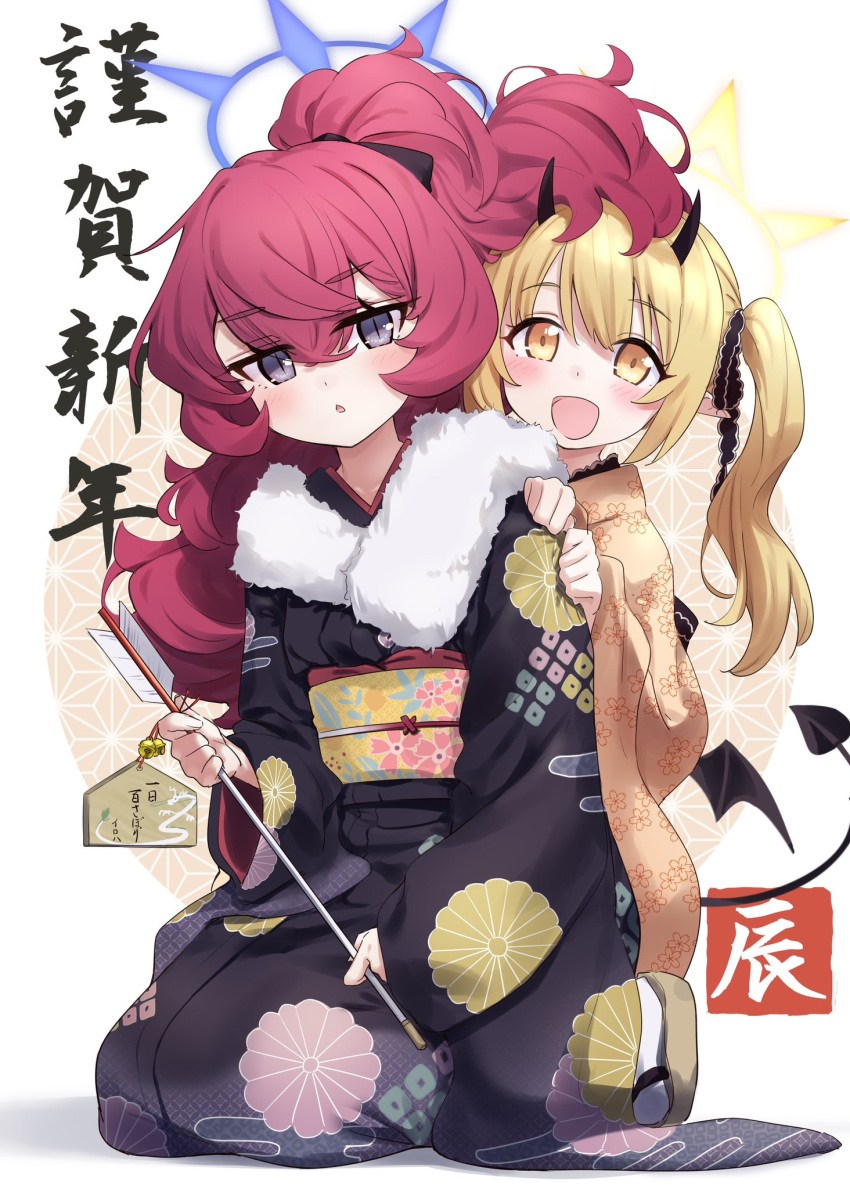 2girls arrow_(projectile) black_horns black_kimono black_tail black_wings blonde_hair blue_archive chinese_zodiac demon_horns demon_tail demon_wings ema grey_eyes hair_between_eyes halo hamaya happy_new_year highres horns ibuki_(blue_archive) iroha_(blue_archive) japanese_clothes kimono long_hair long_sleeves multiple_girls natsuki_(gedo) obi open_mouth parted_lips pointy_ears purple_halo redhead sash side_ponytail smile tail wide_sleeves wings year_of_the_dragon yellow_eyes yellow_halo yellow_kimono