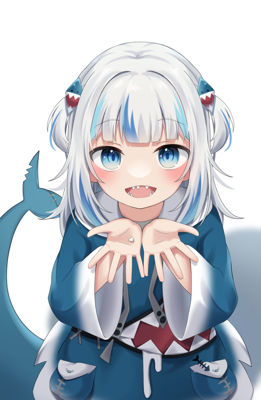 1girl absurdres blue_eyes blue_hair blue_nails fins fish_tail gawr_gura hair_ornament highres hololive hololive_english looking_at_viewer missing_tooth multicolored_hair open_mouth shark_tail snmdx streaked_hair tail virtual_youtuber white_hair