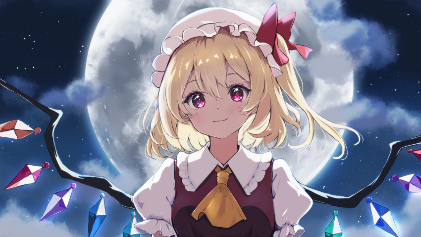 1girl angelica_n19 ascot blonde_hair breasts closed_mouth clouds cloudy_sky collared_shirt commentary_request crystal flandre_scarlet frilled_shirt_collar frilled_sleeves frills full_moon hat hat_ribbon head_tilt looking_at_viewer medium_hair mob_cap moon multicolored_wings night one_side_up outdoors puffy_short_sleeves puffy_sleeves red_eyes red_skirt red_vest ribbon shirt short_sleeves side_ponytail skirt sky small_breasts smile solo touhou upper_body vest white_headwear white_shirt wings yellow_ascot