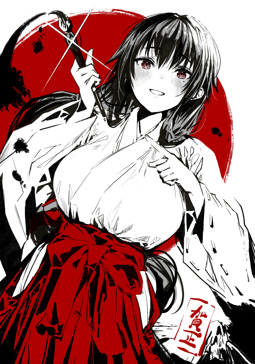 1girl absurdres blush breasts brush_stroke commentary_request cowboy_shot dutch_angle gibagiba glint hakama highres hip_vent holding holding_paintbrush japanese_clothes kosode large_breasts long_hair looking_at_viewer miko mole mole_under_eye monochrome original paintbrush pointing red_background red_eyes red_hakama red_theme ribbon-trimmed_sleeves ribbon_trim smile solo