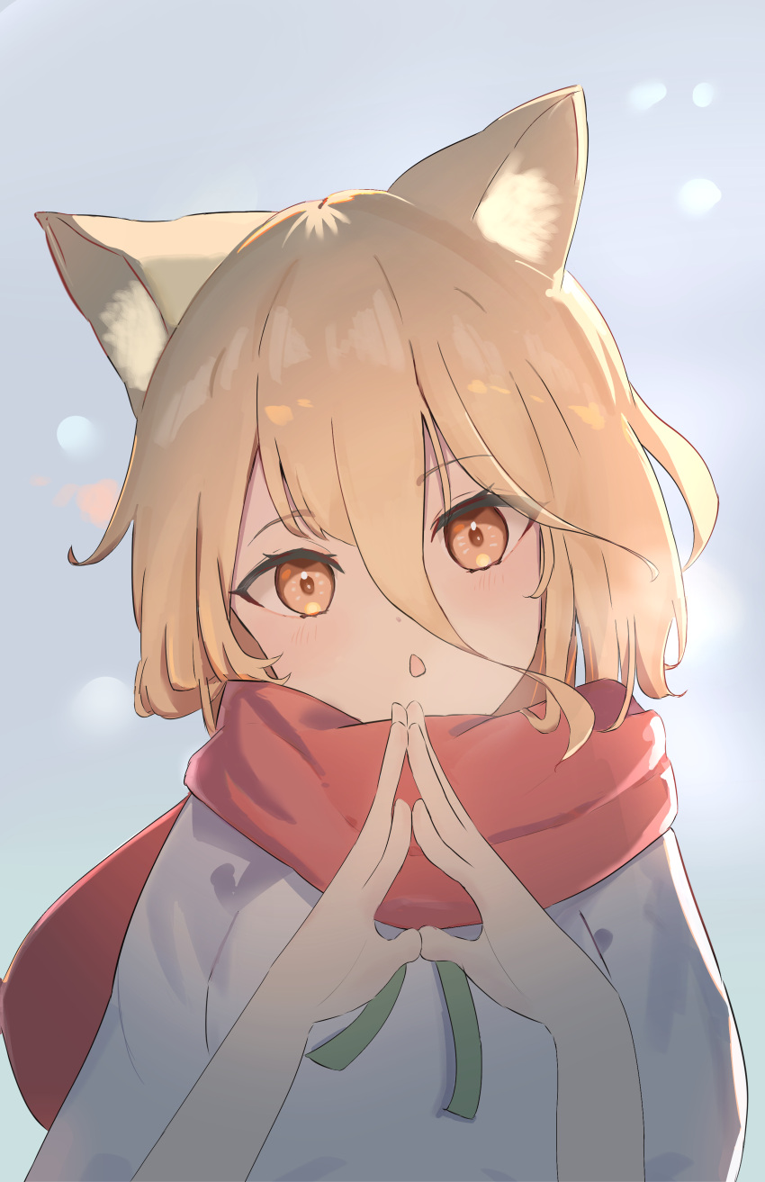 1girl absurdres animal_ears blonde_hair breath commentary_request finger_touching fox_ears fox_girl fox_tail green_ribbon head_tilt highres kudamaki_tsukasa open_mouth outdoors red_scarf ribbon romper scarf short_hair solo tail tentyuu_th touhou white_romper yellow_eyes