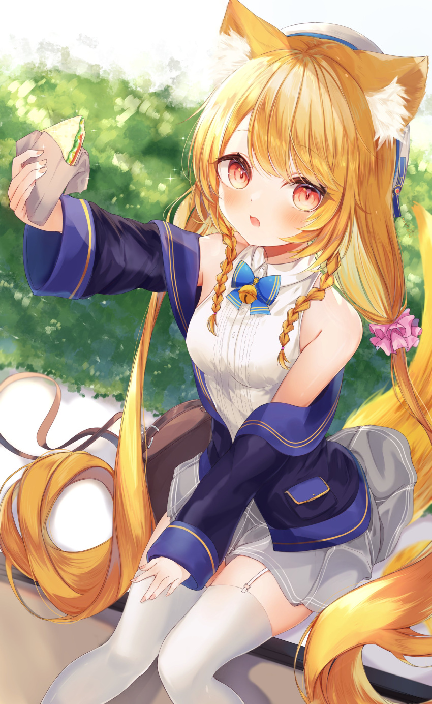 1girl absurdres animal_ear_fluff blonde_hair blue_jacket blush braid brown_bag collared_shirt commentary commission food grey_skirt hair_ornament hair_scrunchie highres jacket long_hair low_twintails okomeillust open_clothes open_jacket open_mouth original sandwich scrunchie shirt side_braids sitting skeb_commission skirt sleeveless sleeveless_shirt solo swept_bangs thigh-highs twintails very_long_hair white_headwear white_shirt white_thighhighs yellow_eyes