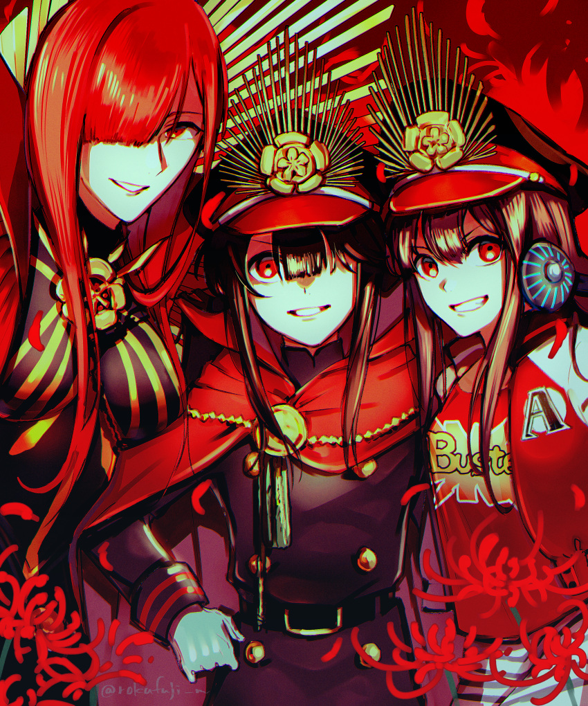 3girls absurdres black_bodysuit black_hair bodysuit buster_shirt cape collared_cape family_crest fate/grand_order fate_(series) flower grin hair_between_eyes hair_over_one_eye hand_on_own_hip hat headphones headphones_around_neck highres jacket letterman_jacket looking_at_viewer medallion military_hat multiple_girls multiple_persona oda_nobunaga_(fate) oda_nobunaga_(maou_avenger)_(fate) oda_nobunaga_(swimsuit_berserker)_(fate) oda_uri parted_lips peaked_cap popped_collar red_background red_cape red_eyes redhead rokufuji_m sidelocks skirt smile spider_lily striped striped_skirt tight_top