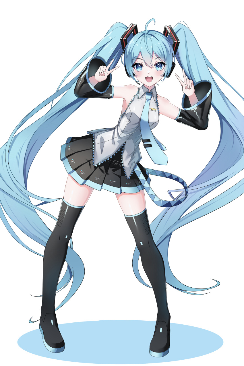 1girl :d absurdres ahoge black_footwear black_skirt black_sleeves blue_eyes blue_hair blue_necktie blue_trim boots collared_shirt detached_sleeves double_v dress_shirt floating_hair full_body grey_shirt hair_between_eyes hair_ornament hatsune_miku headphones headset highres leaning_to_the_side long_hair long_sleeves looking_at_viewer microphone miniskirt necktie open_mouth pleated_skirt procrastinator39 shirt simple_background skirt sleeveless sleeveless_shirt smile solo standing thigh_boots twintails v very_long_hair vocaloid white_background wing_collar zettai_ryouiki