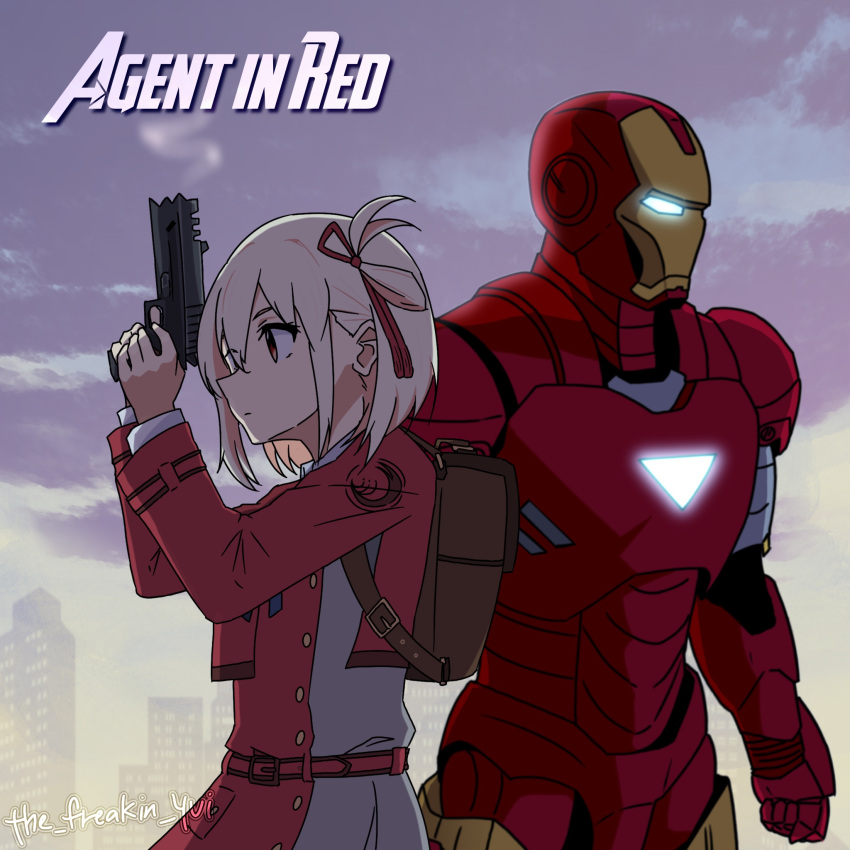 1boy 1girl armor artist_name blonde_hair bob_cut closed_mouth clouds cloudy_sky commentary cowboy_shot crossover dress english_commentary english_text glowing glowing_eyes grey_dress gun hair_ribbon handgun hands_up highres holding holding_gun holding_weapon iron_man iron_man_(series) long_sleeves lycoris_recoil lycoris_uniform marvel nishikigi_chisato outdoors power_armor red_dress red_eyes red_ribbon ribbon short_hair sky standing the_freakin_yui trait_connection two-tone_dress watermark weapon