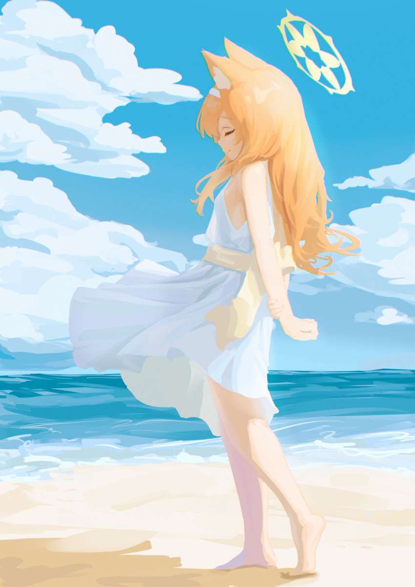 1girl absurdres animal_ear_fluff animal_ears arms_behind_back beach blue_archive breasts chack520 closed_eyes clouds cloudy_sky dress from_side hairband halo highres holding_own_arm long_hair mari_(blue_archive) ocean orange_hair see-through_silhouette sideboob sky sleeveless sleeveless_dress small_breasts smile solo standing sundress white_dress white_hairband wind wind_lift yellow_halo