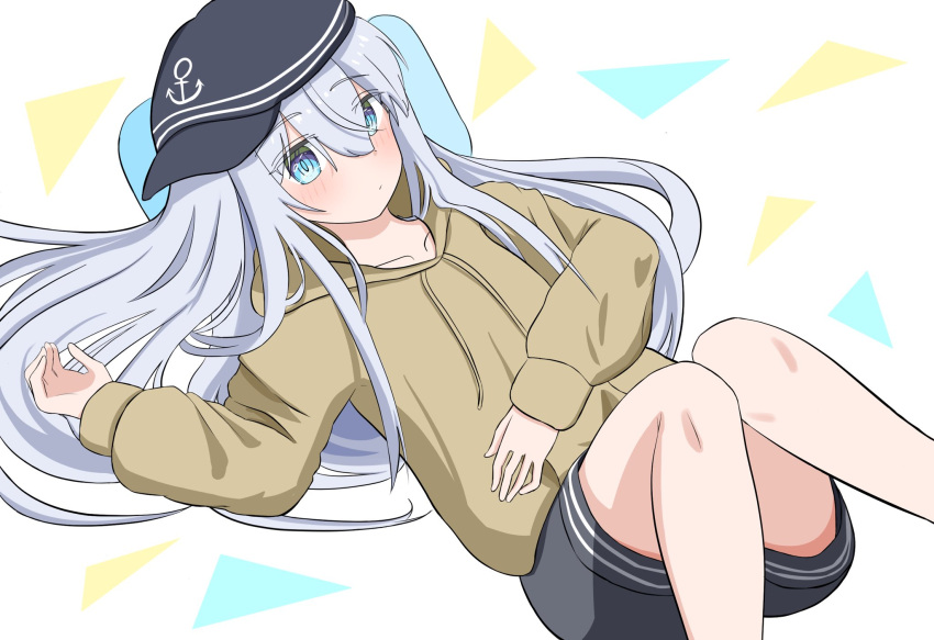1girl alternate_costume anchor_symbol black_shorts blue_eyes blue_headwear blush casual closed_mouth collarbone commentary drawstring feet_out_of_frame hair_between_eyes head_on_pillow hibiki_(kancolle) highres hood hood_down hoodie kantai_collection long_hair long_sleeves looking_at_viewer lying on_back pillow shirasu_(sirasuillust) shorts simple_background solo white_hair yellow_hoodie