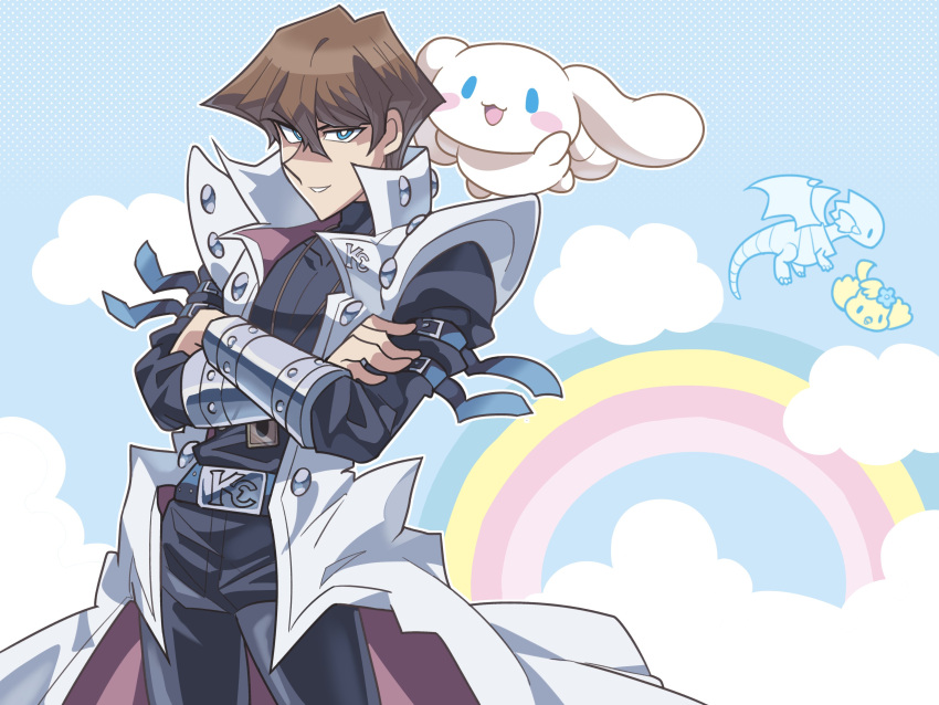 2boys absurdres belt belt_buckle black_pants black_shirt blue_background blue_eyes blush blush_stickers bright_pupils brown_hair buckle cinnamoroll closed_mouth clouds coat crossed_arms dotted_background grin hair_between_eyes highres kaiba_seto loveycloud male_focus multiple_boys open_mouth pants rainbow sanrio shirt short_hair smile white_coat white_pupils yu-gi-oh!