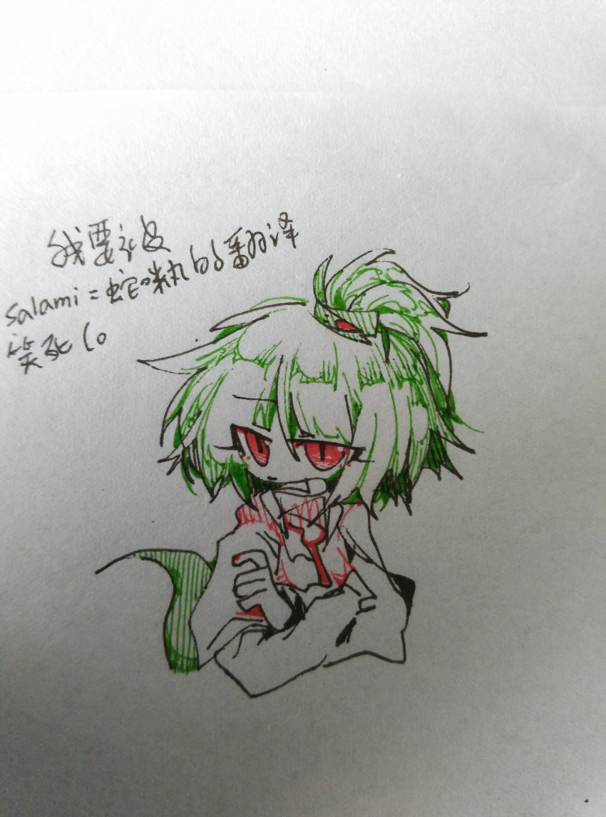 1other adagumo_no_saragimaru androgynous ballpoint_pen_(medium) capelet chinese_text closed_mouth commentary_request crossed_arms green_hair hair_ornament highres len'en ling_s long_sleeves medium_hair no_nose other_focus red_eyes simple_background sketch slit_pupils snake_hair_ornament snake_tail solo spot_color tail traditional_media translation_request white_background