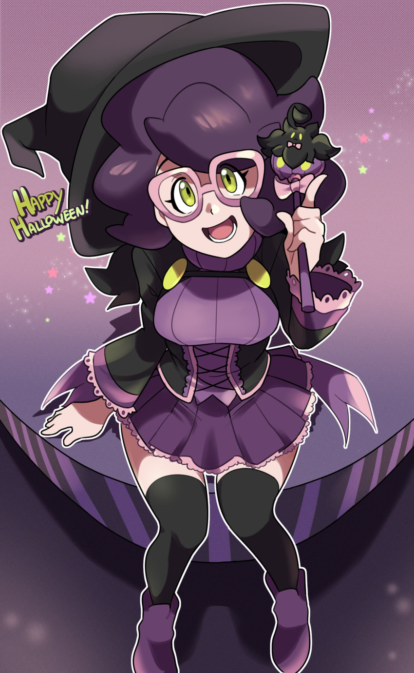 1girl alternate_costume big_hair black_dress black_headwear black_socks bow breasts dress frills from_above full_body glasses green_eyes halloween happy_halloween hat highres holding holding_staff kneehighs large_breasts looking_at_viewer loveycloud lower_teeth_only multicolored_clothes multicolored_dress open_mouth outline pink-framed_eyewear pink_bow pointing pointing_up pokemon pokemon_sm purple_background purple_dress purple_footwear purple_hair ribbed_sweater shadow shoes short_hair sitting socks solo staff star_(sky) star_(symbol) sweater teeth turtleneck turtleneck_sweater white_outline wicke_(pokemon) witch_hat