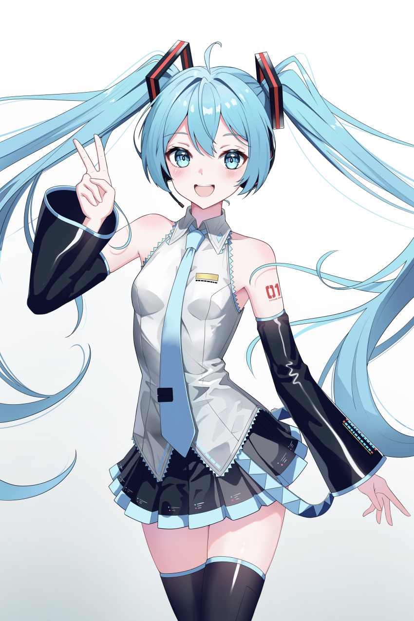 1girl :d absurdres ahoge arm_tattoo black_skirt black_sleeves black_thighhighs blue_eyes blue_hair blue_necktie blue_trim breasts collared_shirt cowboy_shot detached_sleeves floating_hair gradient_background hair_between_eyes hair_ornament hatsune_miku headphones headset highres long_hair long_sleeves looking_at_viewer microphone miniskirt necktie number_tattoo open_mouth pleated_skirt procrastinator39 shirt skirt sleeveless sleeveless_shirt small_breasts smile solo standing tattoo thigh-highs twintails v very_long_hair vocaloid white_background white_shirt wing_collar zettai_ryouiki