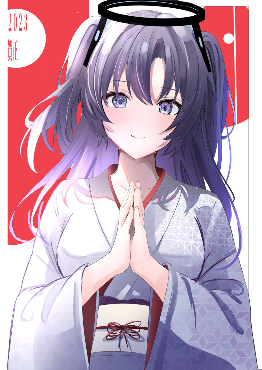 1girl blue_archive blush breasts closed_mouth collarbone cowboy_shot hair_between_eyes halo highres japanese_clothes kimono long_hair long_sleeves looking_at_viewer mechanical_halo medium_breasts obi purple_hair sash smile solo touyou_(39kir) two_side_up violet_eyes white_kimono wide_sleeves yuuka_(blue_archive)