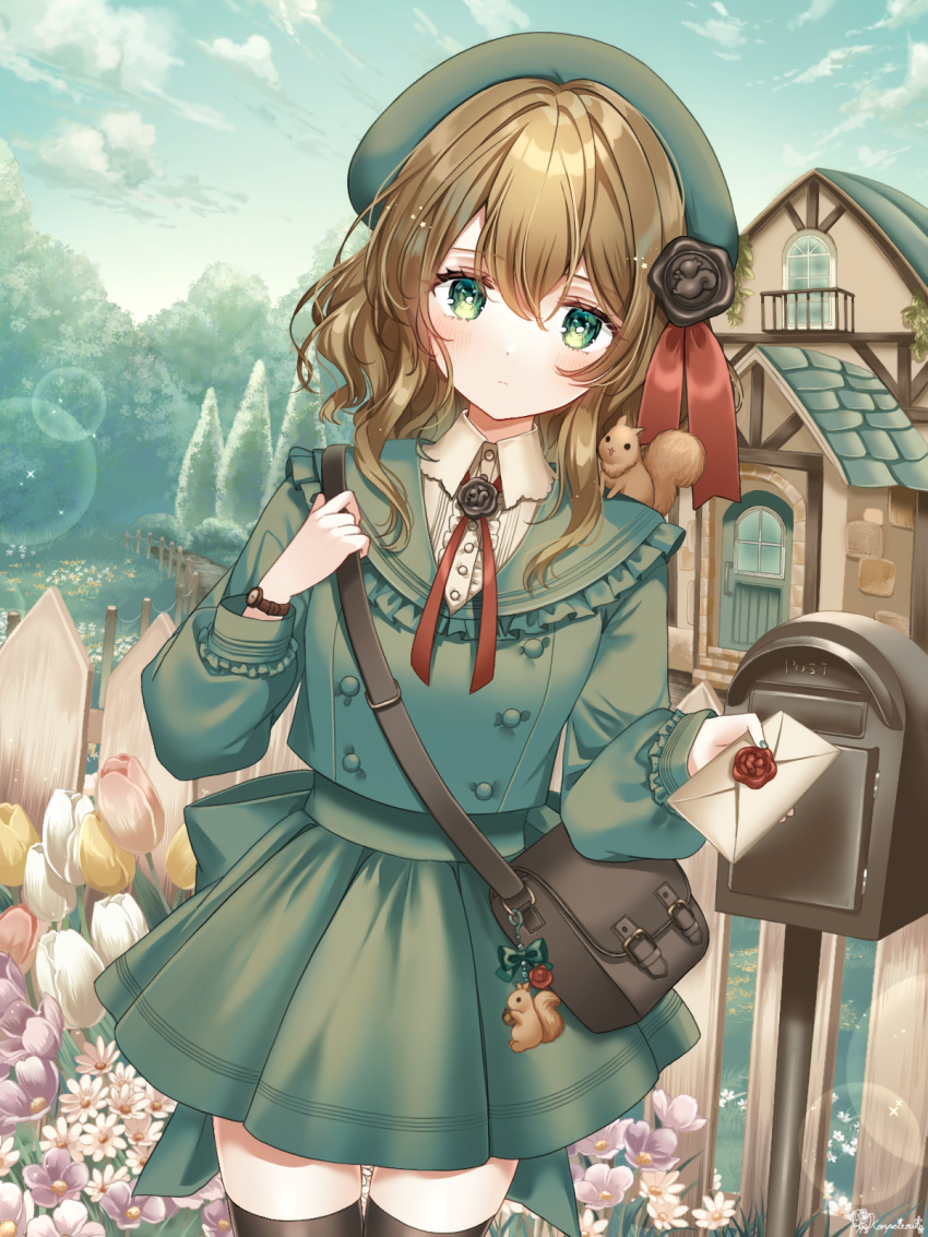1girl animal_on_shoulder black_thighhighs blush bow bowtie brown_hair commentary_request dress flower green_dress green_eyes green_headwear green_nails hat highres holding holding_letter house kompeitou_(lemon_garden) letter long_sleeves looking_at_viewer mailbox_(incoming_mail) mailman nail_polish original outdoors pink_flower purple_flower red_bow red_bowtie shirt short_hair squirrel thigh-highs tree tulip watch watch wavy_hair white_flower white_shirt
