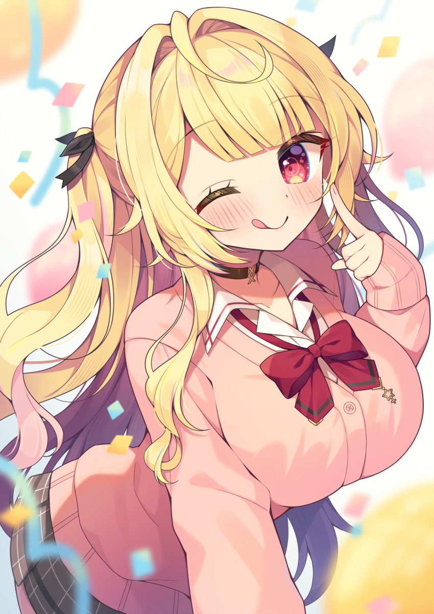 1girl :q ahoge balloon birthday blonde_hair blush bow bowtie breasts brown_choker cardigan choker closed_mouth dot_nose finger_to_face fingernails hair_intakes hair_ribbon highres hoshikawa_sara hoshikawa_sara_(4th_costume) large_breasts long_hair long_sleeves looking_at_viewer loose_bowtie nijisanji official_alternate_costume official_alternate_hairstyle one_eye_closed pink_cardigan plaid plaid_skirt pleated_skirt red_eyes ribbon school_uniform shirt simple_background skirt smile solo tongue tongue_out two_side_up ujiie very_long_hair virtual_youtuber white_background white_shirt