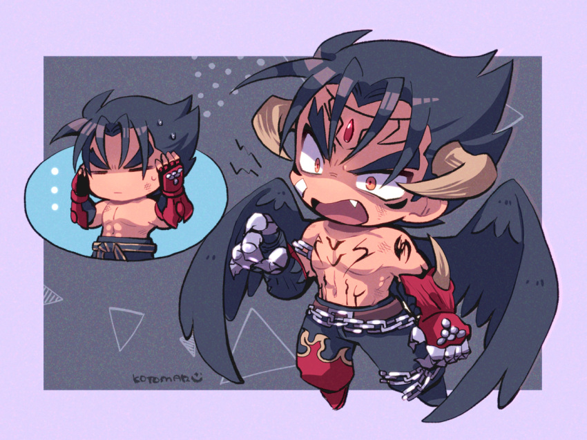 2boys angry belt black_hair black_pants black_wings brown_belt brown_horns chain chest_tattoo chibi covering_own_ears devil_jin dirty dirty_face facial_mark full_body gloves horns kazama_jin kotorai male_focus multiple_boys navel open_mouth pants pectorals red_gloves short_hair shoulder_tattoo signature tattoo tekken thick_eyebrows topless_male v-shaped_eyebrows wings yellow_eyes