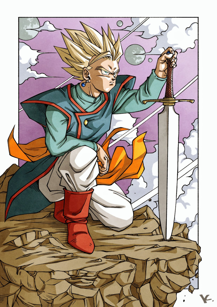1boy arm_on_knee blonde_hair blue_shirt boots border closed_mouth clouds dragon_ball dragon_ball_z earrings floating_clothes green_eyes highres holding holding_sword holding_weapon jewelry kakeru_(dbskakeru) long_sleeves male_focus multiple_moons on_one_knee pants planted planted_sword purple_sky red_footwear serious shirt sky solo son_gohan spiky_hair super_saiyan super_saiyan_2 sword toriyama_akira_(style) weapon white_border white_pants wind z_sword