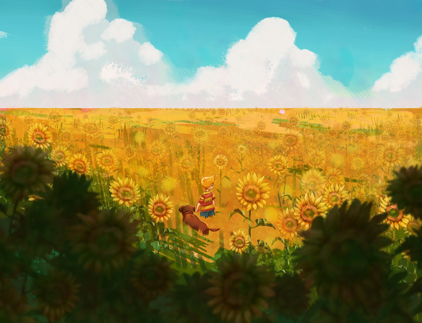 animal blonde_hair blue_sky boney brown_dog clouds field flower flower_field hinawa looking_afar lucas_(mother_3) mother_(game) mother_3 outdoors scenery sclez shirt short_hair sky striped striped_shirt sunflower sunflower_field yellow_footwear