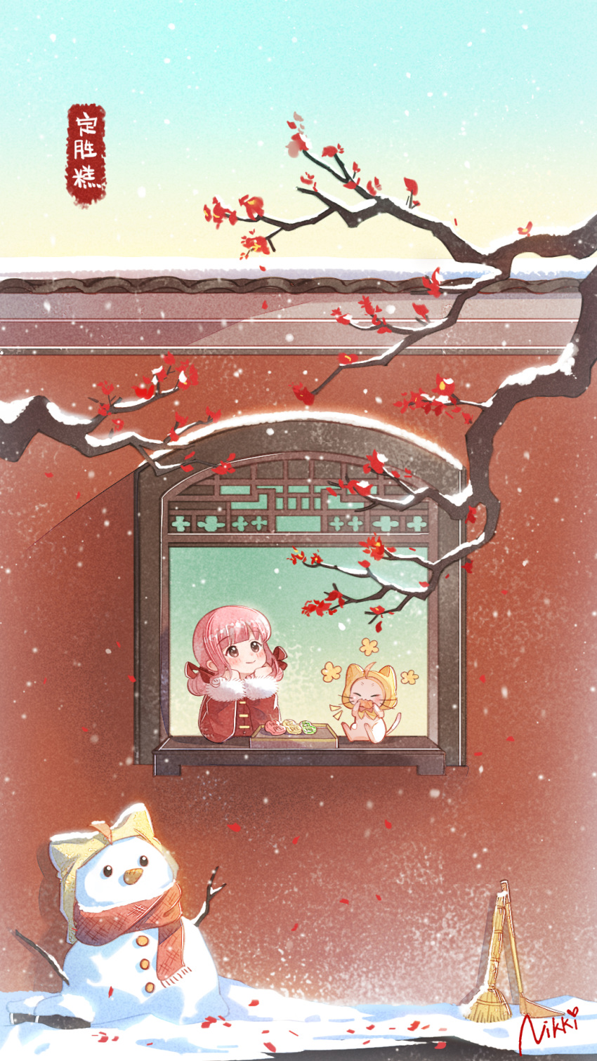 1girl architecture bare_tree blue_sky blush brown_eyes carrot cat character_name chinese_commentary chinese_text commentary_request east_asian_architecture eating flower hands_on_own_cheeks hands_on_own_face happy_new_year highres holding jacket long_hair looking_up low_twintails miracle_nikki momo_(miracle_nikki) nikki_(miracle_nikki) official_art outdoors red_flower red_jacket red_ribbon red_scarf ribbon scarf shining_nikki sky snow snowing snowman tree twintails white_cat window
