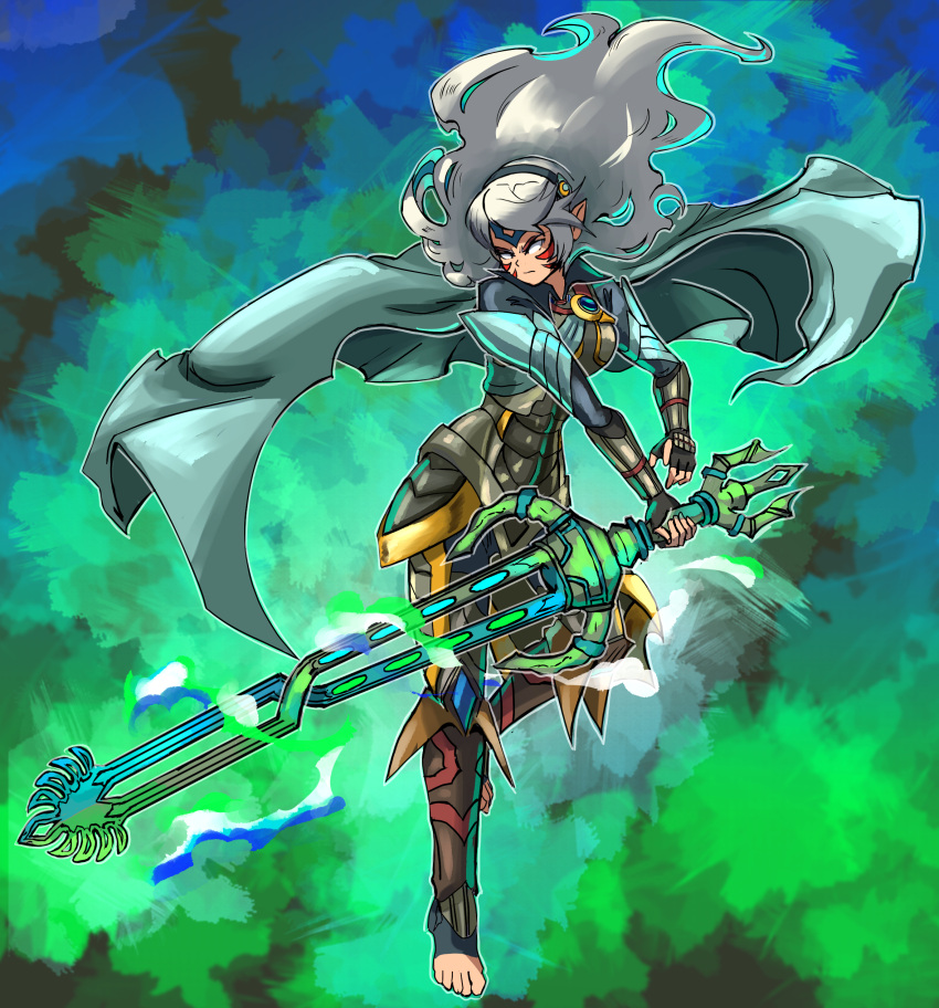 1girl absurdres alternate_costume armor aura cape corrin_(female)_(fire_emblem) corrin_(fire_emblem) corruption crescent crescent_hair_ornament crossover dark_persona double_helix dragon dragon_girl facial_tattoo fierce_deity fingerless_gloves fire_emblem fire_emblem_fates frown gloves hair_ornament headband heart highres holding holding_sword holding_weapon long_hair long_sleeves looking_to_the_side majora_(entity) nintendo no_pupils pointy_ears possessed skin_tight stoic_seraphim super_smash_bros. sword tattoo the_legend_of_zelda the_legend_of_zelda:_majora's_mask toes weapon white_eyes white_hair yato_(fire_emblem)
