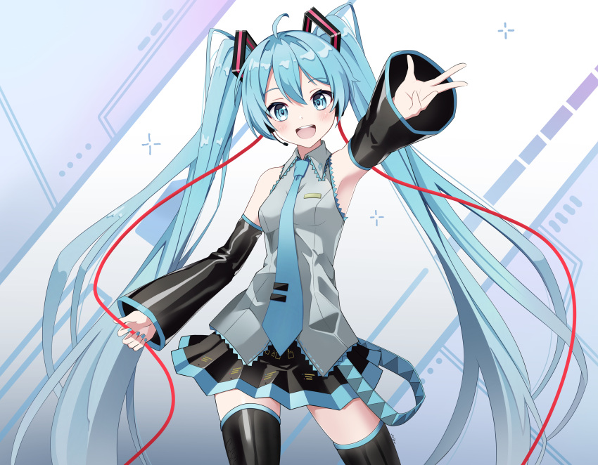 1girl :d absurdres ahoge black_skirt black_sleeves black_thighhighs blue_eyes blue_hair blue_necktie blue_trim collared_shirt cowboy_shot detached_sleeves dress_shirt floating_hair grey_shirt hair_between_eyes hair_ornament hatsune_miku headphones headset highres long_hair long_sleeves looking_at_viewer microphone miniskirt necktie open_mouth outstretched_arm pleated_skirt procrastinator39 shirt skirt sleeveless sleeveless_shirt smile solo standing thigh-highs twintails very_long_hair vocaloid wing_collar zettai_ryouiki