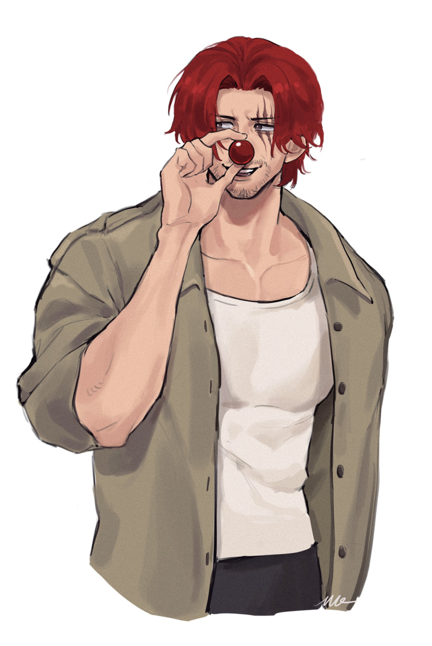 1boy absurdres buggy_the_clown buggy_the_clown_(cosplay) clown_nose cosplay facial_hair highres long_hair male_focus one_piece red_nose redhead scar scar_across_eye scar_on_face shanks_(one_piece) shirt smile vamos_mk white_shirt