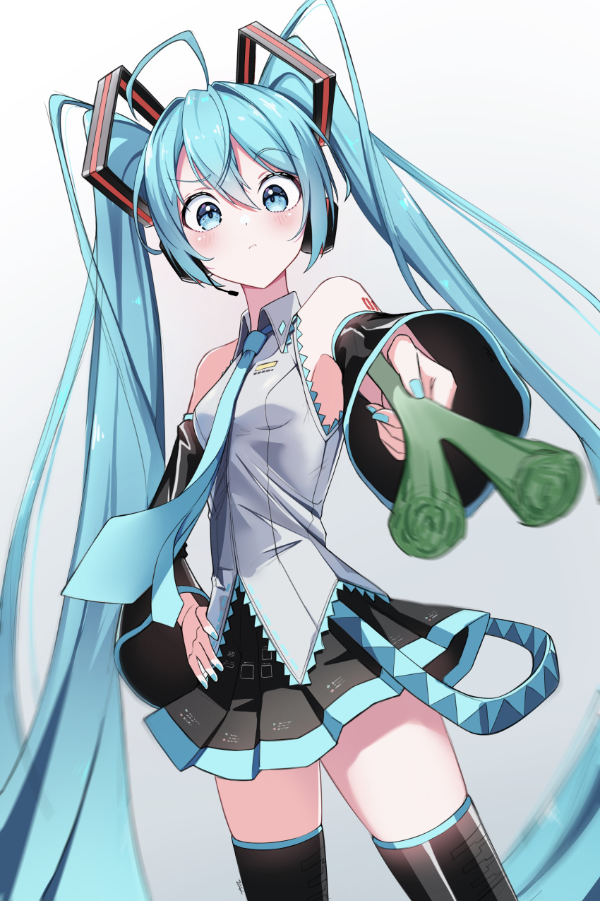 1girl absurdres arm_tattoo black_skirt black_thighhighs blue_eyes blue_hair blue_nails blue_necktie blue_trim blush breasts closed_mouth collared_shirt gradient_background grey_background grey_shirt hair_between_eyes hair_ornament hand_on_own_hip hatsune_miku headphones headset highres holding long_hair looking_down microphone miniskirt nail_polish necktie pleated_skirt procrastinator39 shirt skirt sleeveless sleeveless_shirt small_breasts solo spring_onion standing tattoo thigh-highs twintails very_long_hair vocaloid wing_collar zettai_ryouiki