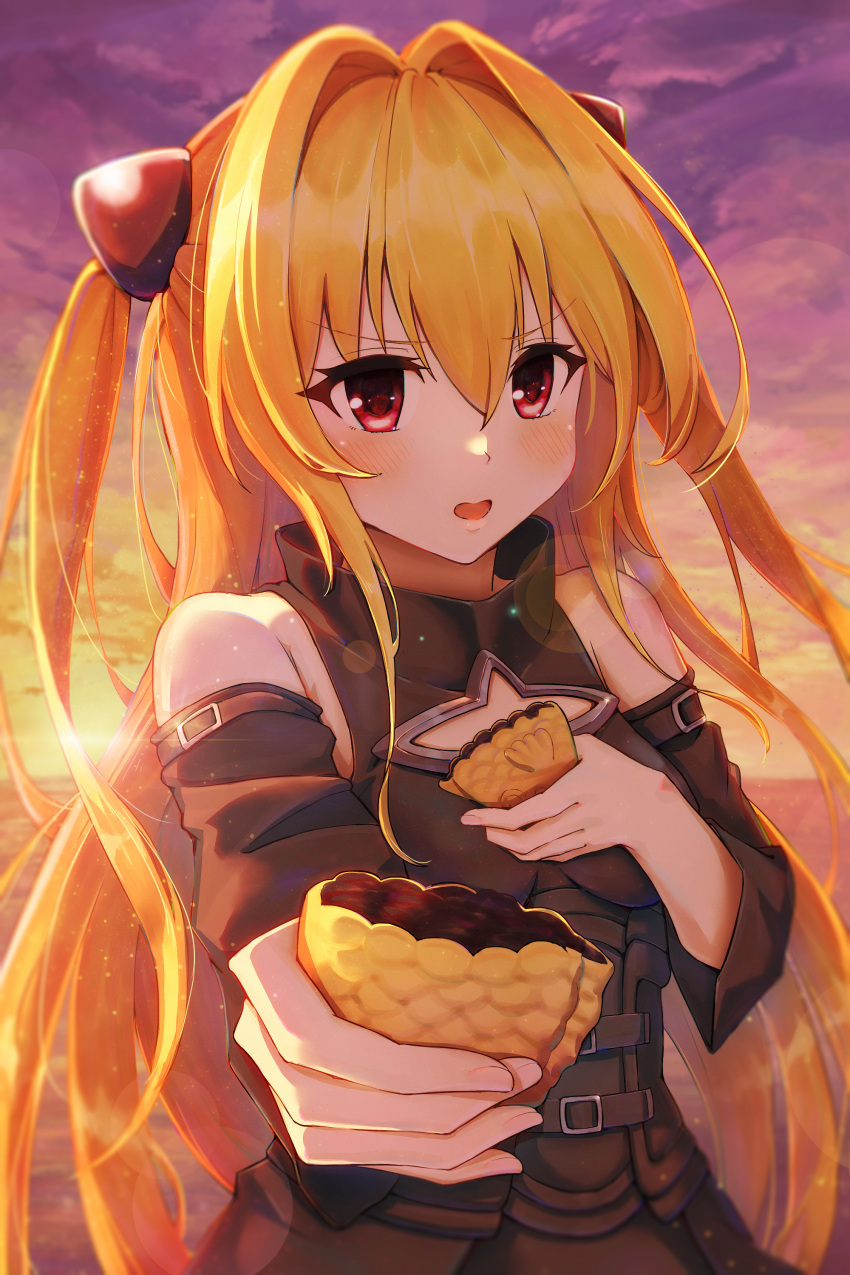 1girl absurdres backlighting bare_shoulders black_dress blonde_hair blurry blush commentary_request depth_of_field detached_sleeves dress eyelashes fingernails floating_hair food foreshortening hair_between_eyes hair_intakes highres holding holding_food incoming_food konjiki_no_yami light_particles long_hair long_sleeves looking_at_viewer open_mouth orange_sky outdoors purple_sky red_eyes shuiao sky sleeveless sleeveless_dress solo sunset taiyaki to_love-ru two_side_up upper_body v-shaped_eyebrows very_long_hair wagashi wide_sleeves