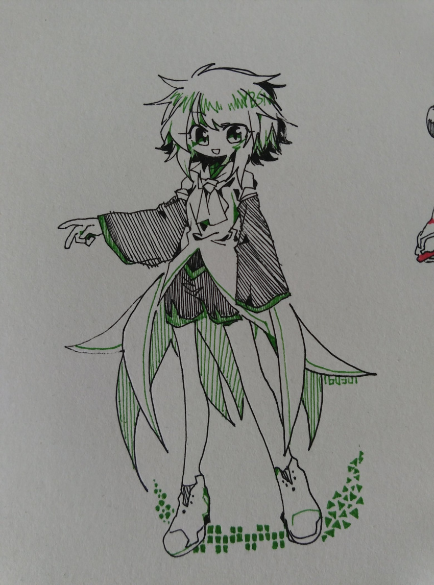 1other androgynous ascot ballpoint_pen_(medium) chinese_commentary coat commentary_request full_body hand_up highres houlen_yabusame layered_sleeves len'en ling_s long_sleeves no_nose open_mouth other_focus shoes short_hair short_over_long_sleeves short_sleeves shorts simple_background smile solo spot_color traditional_media white_background