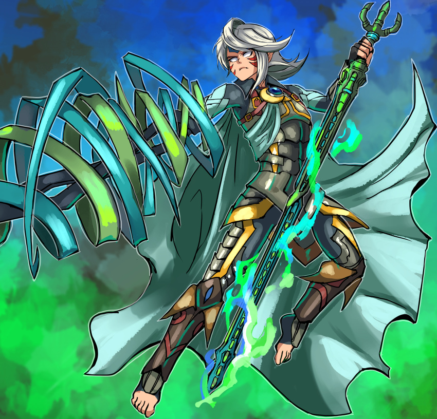 1boy alternate_costume armor aura cape corrin_(fire_emblem) corrin_(male)_(fire_emblem) corruption crescent crescent_hair_ornament crossover dark_persona double_helix dragon dragon_boy facial_tattoo fierce_deity fingerless_gloves fire_emblem fire_emblem_fates frown gloves hair_ornament headband highres holding holding_sword holding_weapon long_sleeves looking_to_the_side nintendo no_pupils pointy_ears possessed short_hair skin_tight stoic_seraphim super_smash_bros. sword tattoo the_legend_of_zelda the_legend_of_zelda:_majora's_mask toes transformation weapon white_eyes white_hair yato_(fire_emblem)