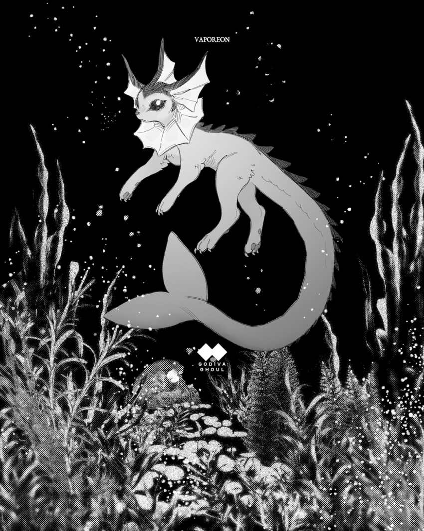 artist_name character_name commentary english_commentary godiva_ghoul greyscale highres monochrome no_humans plant pokemon pokemon_(creature) solo underwater vaporeon