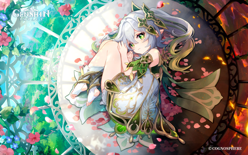 1girl bracelet cage clouds copyright_name crystal dress elf fire flower flower_(symbol) forest gem genshin_impact green_eyes green_hair grey_hair hair_ornament hairclip highres jewelry leaf light_rays logo long_hair lying mihoyo mountain multicolored_hair nahida_(genshin_impact) nature official_art outdoors petals pointy_ears side_ponytail sky solo streaked_hair sunbeam sunlight symbol-shaped_pupils tree white_dress