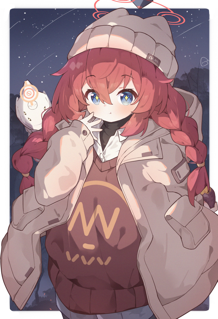 +_+ 1girl absurdres animal_ear_fluff beanie binah_(blue_archive) blue_archive blue_eyes blush braid chinese_commentary closed_mouth collared_shirt commentary_request grey_headwear grey_jacket hair_between_eyes halo hat highres jacket long_hair long_sleeves looking_at_viewer maki_(blue_archive) maki_(camp)_(blue_archive) official_alternate_costume red_halo red_sweater_vest redhead shirt solo sweater sweater_vest turtleneck turtleneck_sweater twin_braids vanishedstar white_shirt