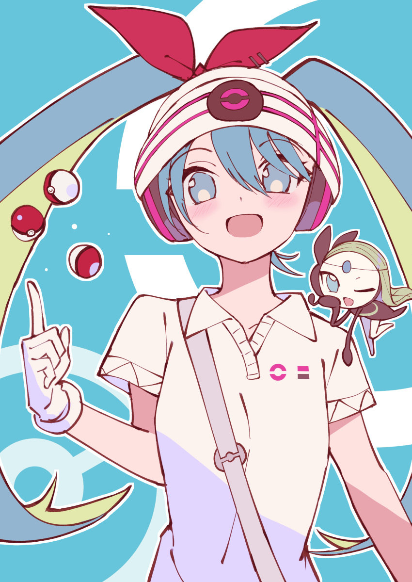 1girl :d absurdres beanie blue_eyes blush bow breasts collared_shirt commentary_request crossover gloves hair_between_eyes hat hatsune_miku headphones highres long_hair looking_at_viewer medium_breasts meloetta meloetta_(aria) open_mouth pointing pointing_up poke_ball pokemon red_bow shirt short_sleeves shun'ya_(daisharin36) smile solo twintails upper_body vocaloid white_gloves white_headwear white_shirt